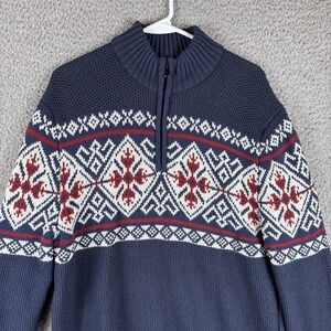 IZOD Sweater Mens L Navy 1/2 Zip Snowflake Knit Mockneck Ski Outdoor Nordic